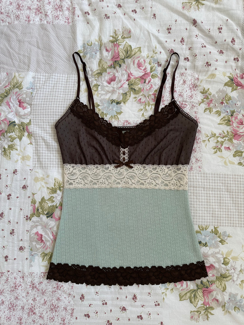 pointelle light turquoise blue and brown cami